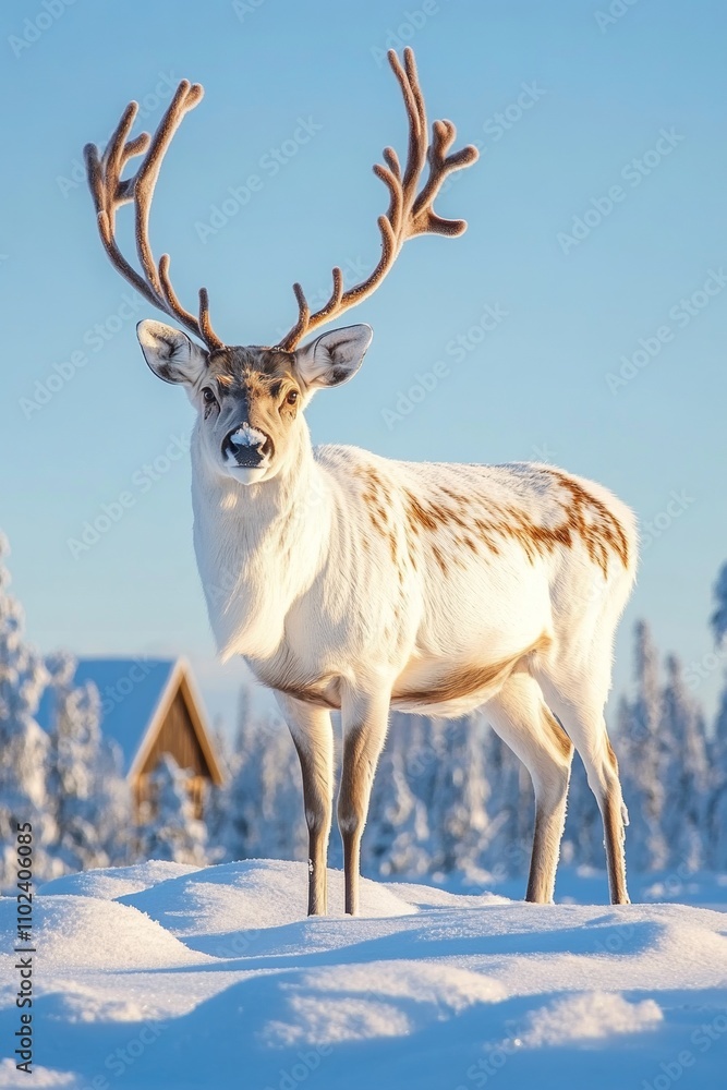 Majestic White Reindeer in Snowy Finnish Lapland with Cozy Wooden Hut, Winter Wonderland Majestic White Reindeer in Snowy Finnish Lapland with Cozy Wooden Hut, Winter Wonderland