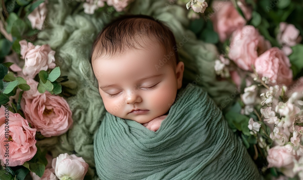 Peaceful newborn wrapped in a green cloth sleeps among delicate pink flowers Peaceful newborn wrapped in a green cloth sleeps among delicate pink flowers