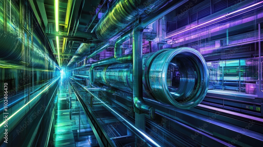 Futuristic Industrial Tunnel with Neon Lights and Reflective Metal Pipes Futuristic Industrial Tunnel with Neon Lights and Reflective Metal Pipes