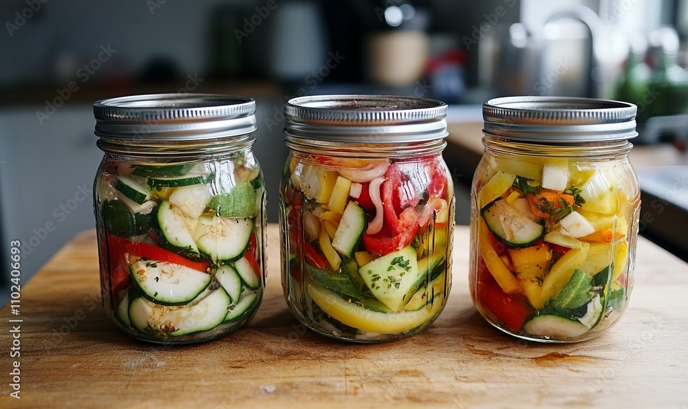 Preserving the summer harvest, jars filled with delicious marinated vegetables Preserving the summer harvest, jars filled with delicious marinated vegetables