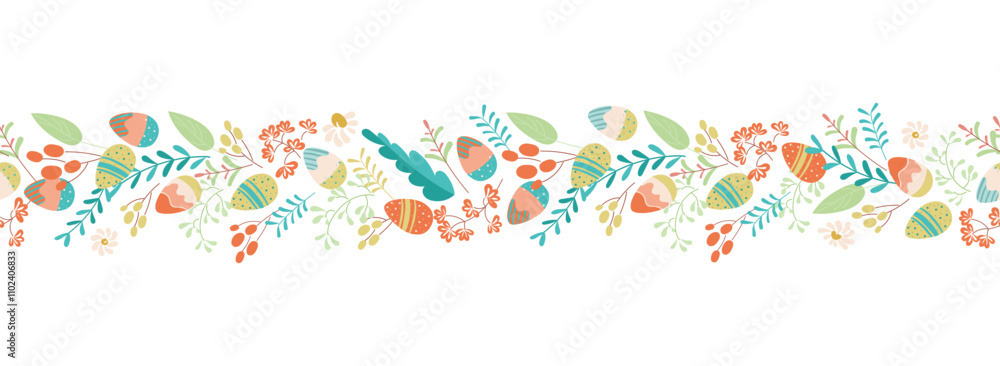 Easter seamless border with decorative eggs in flower meadow on transparent background. Lovely hand drawn horizontal seamless pattern, cute doodle eggs, great for textiles, banners, wallpaper