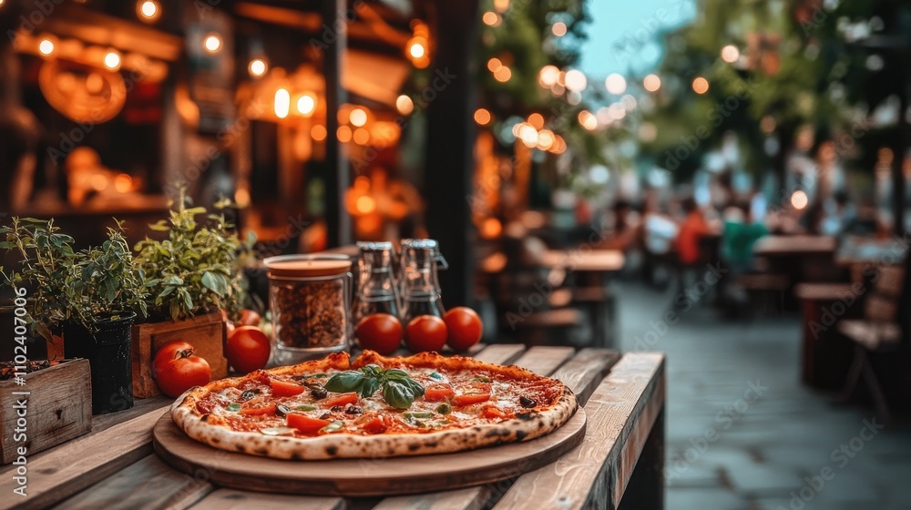 Delicious Margherita Pizza on Rustic Outdoor Table at Cozy Evening Cafe with Warm Lights Delicious Margherita Pizza on Rustic Outdoor Table at Cozy Evening Cafe with Warm Lights