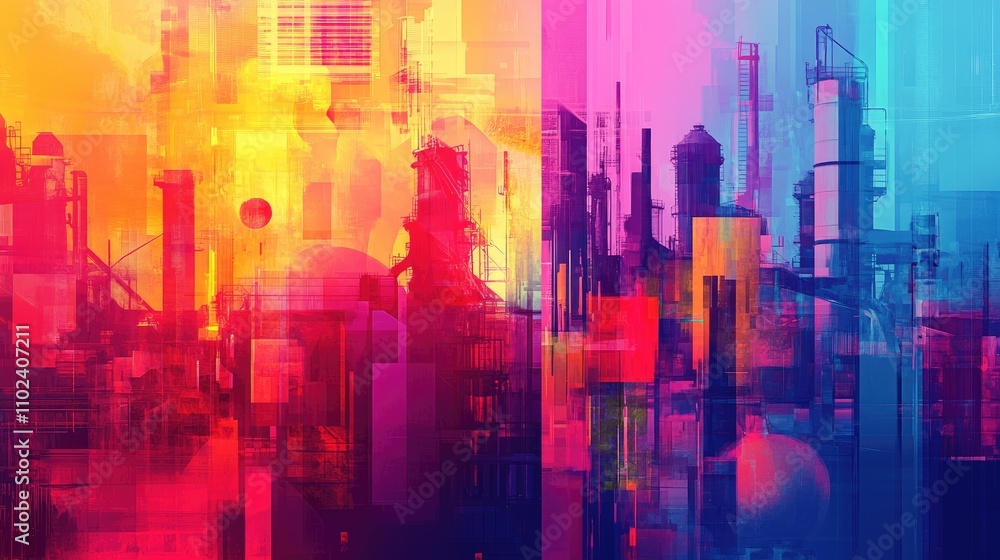 Vibrant Abstract Cityscape: A Fusion of Industrial and Futuristic Architecture in Dynamic Colors Vibrant Abstract Cityscape: A Fusion of Industrial and Futuristic Architecture in Dynamic Colors