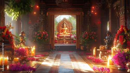 Wallpaper Mural Peaceful Buddhist temple interior, adorned with flowers, candles, and a golden Buddha statue, bathed in warm sunlight. Torontodigital.ca