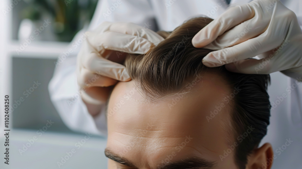 Naklejka premium Doctor marking a young man's forehead with a hair loss problem against a grey background, close-up.