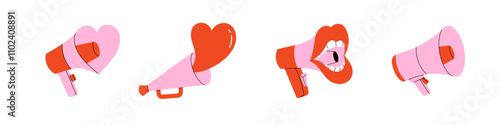 Megaphone bull horn illustrations in red and pink colors. Playful and bold design with heart-shaped hand loudspeakers. Communication and promotion themes.