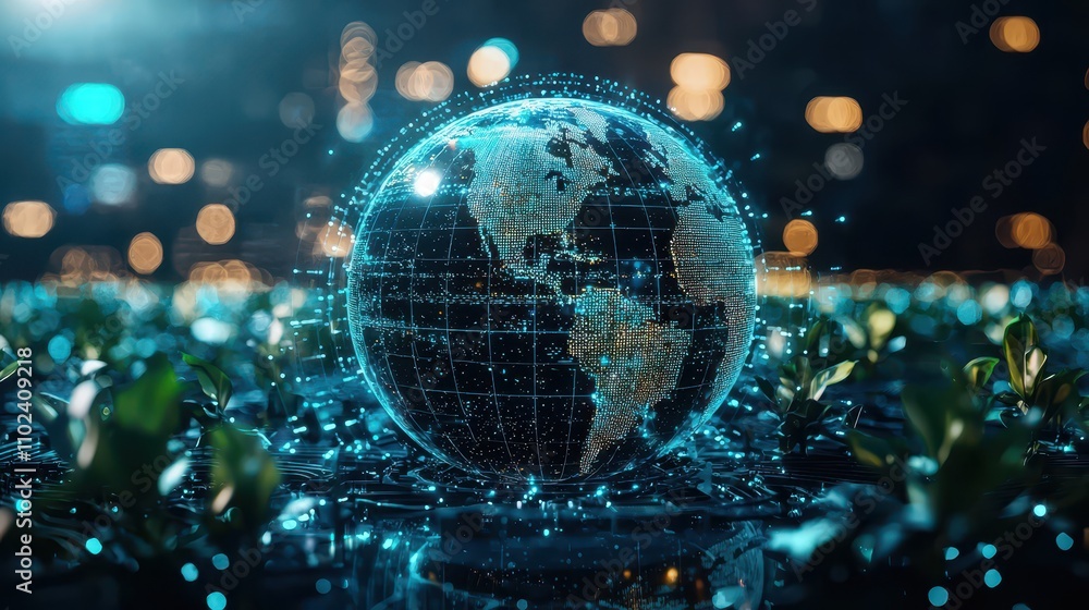 Futuristic Digital Earth Globe Surrounded by Lush Green Plants and Bokeh Background with Sparkling Effect Representing Environmental Awareness and Technology Integration Futuristic Digital Earth Globe Surrounded by Lush Green Plants and Bokeh Background with Sparkling Effect Representing Environmental Awareness and Technology Integration