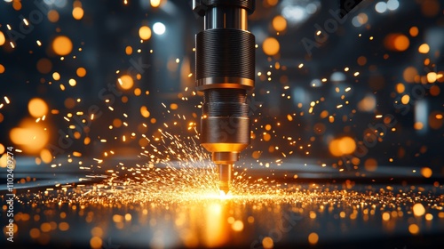 CNC Machine Cutting Metal Material With Bright Sparks In Workshop. Industrial Manufacturing