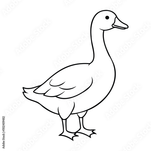 Simple black and white outline illustration of a standing duck