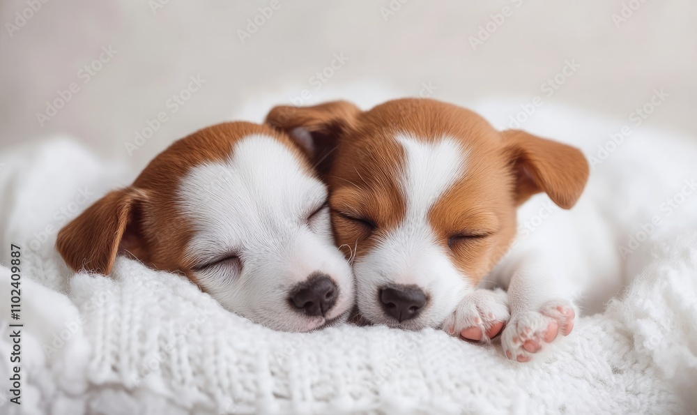 Two jack russell puppies sleeping together on white blanket Two jack russell puppies sleeping together on white blanket