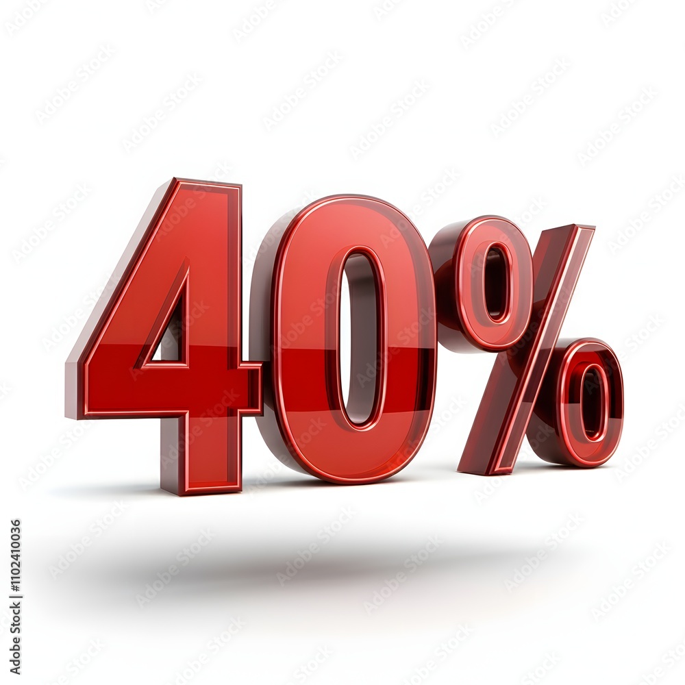 3D bold red text reading '40%' with a glossy finish and floating shadow effect 3D bold red text reading '40%' with a glossy finish and floating shadow effect