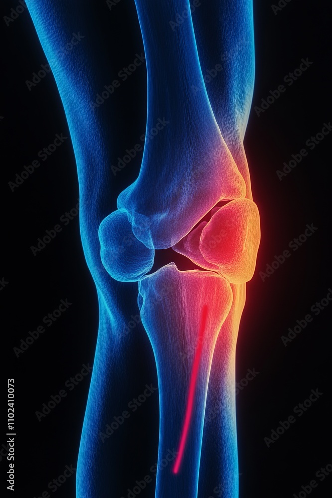 Blue X-ray Image of Human Knee with Anatomically Accurate Bones Highlighting Pain Areas in Red Blue X-ray Image of Human Knee with Anatomically Accurate Bones Highlighting Pain Areas in Red