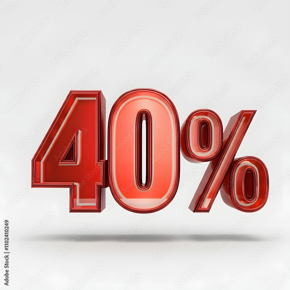 3D bold red text reading '40%' with a glossy finish and floating shadow effect 3D bold red text reading '40%' with a glossy finish and floating shadow effect