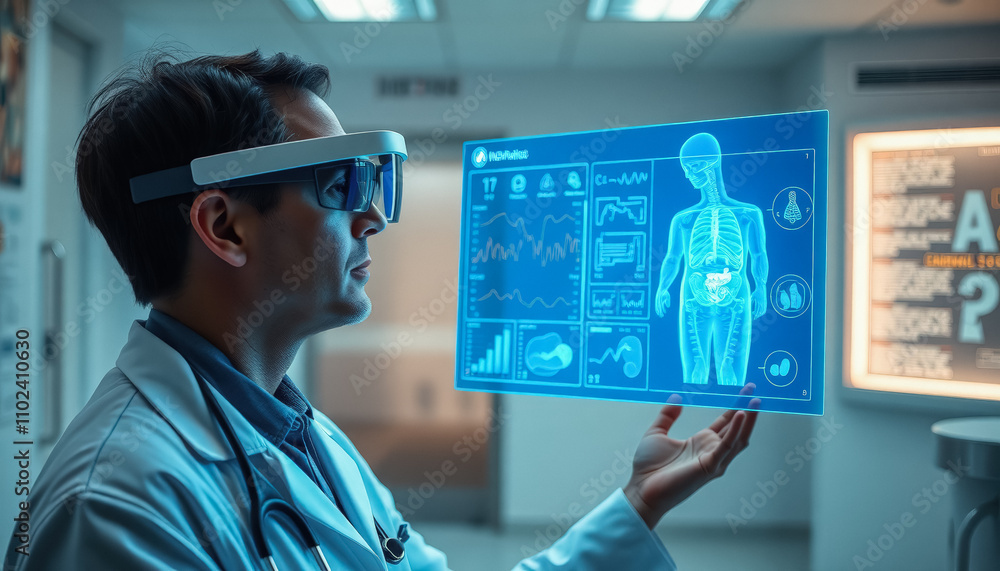 A doctor wearing augmented reality glasses, analyzing a virtual holographic patient display with medical data. A doctor wearing augmented reality glasses, analyzing a virtual holographic patient display with medical data.