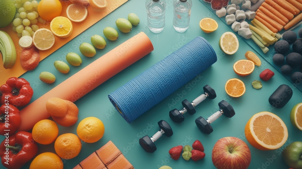 Healthy lifestyle flat lay with fruits, vegetables, yoga mats, and dumbbells on teal background. Healthy lifestyle flat lay with fruits, vegetables, yoga mats, and dumbbells on teal background.
