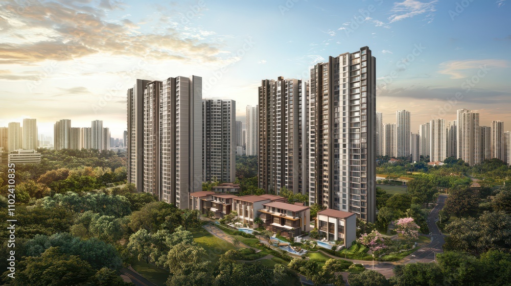 Modern Residential Complex Surrounded by Lush Greenery and Urban Skyline Under a Vibrant Sunset, Showcasing Architecture and Nature in Harmony Modern Residential Complex Surrounded by Lush Greenery and Urban Skyline Under a Vibrant Sunset, Showcasing Architecture and Nature in Harmony