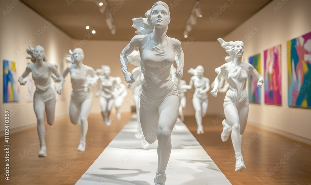 White sculptures of women athletes running in a museum