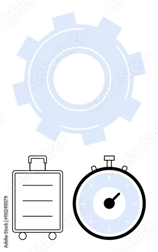 Gear suitcase and stopwatch represent efficiency travel and time management. Ideal for productivity, logistics, transportation, scheduling, planning, organization, efficiency. Line metaphor