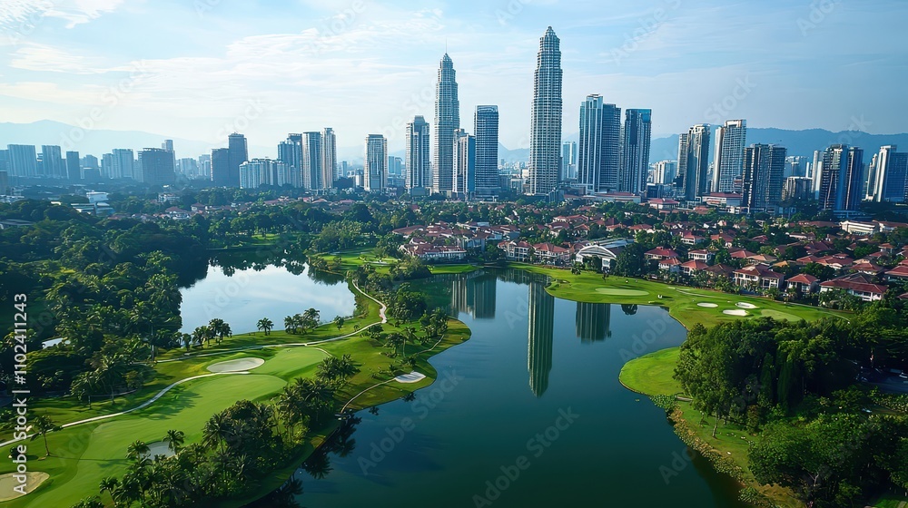 Obraz premium Aerial View of Lush Green Golf Course Surrounded by Urban Skyscrapers and Scenic Water Bodies in a Modern Cityscape