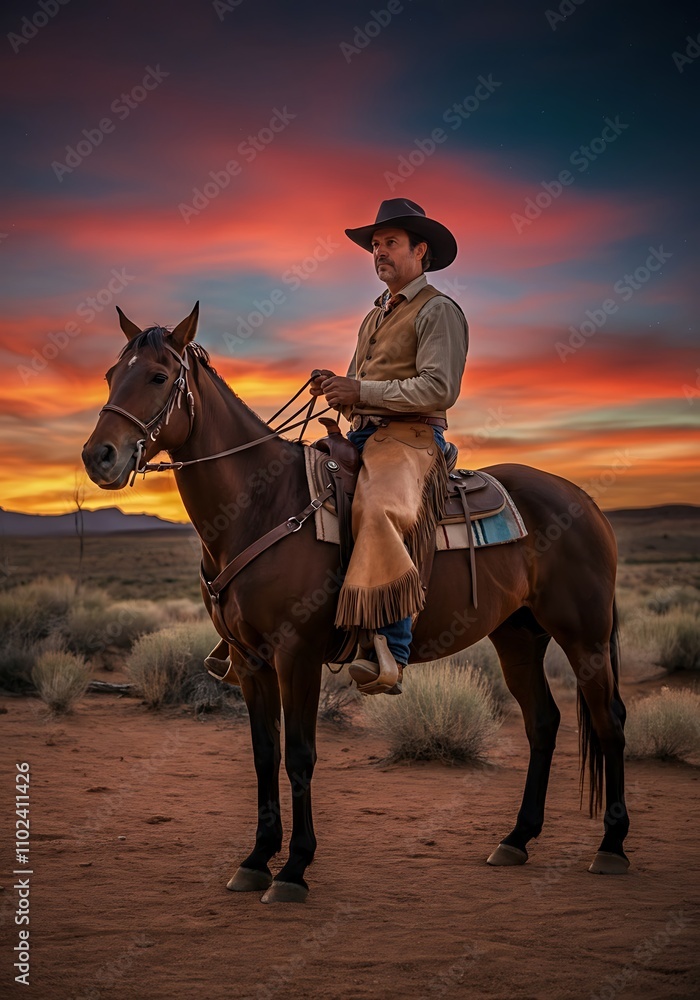 Hispanic man riding horse at sunset in desert landscape Hispanic man riding horse at sunset in desert landscape
