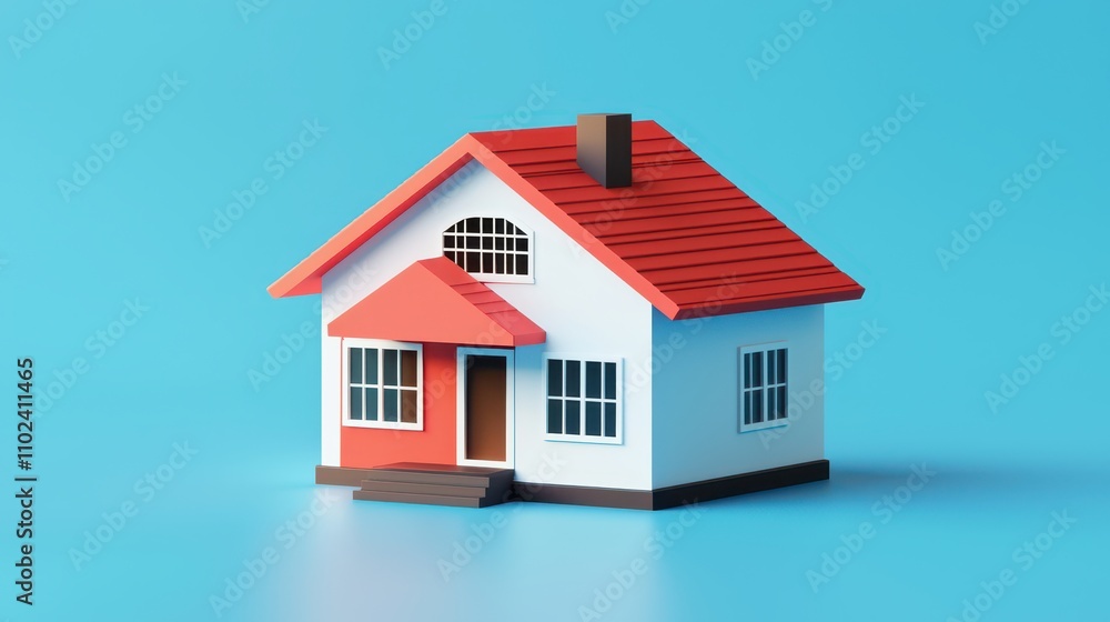 A Vibrant 3D Model of a Cute Family House Featuring a Red Roof and Windows Set Against a Bright Blue Background for Use in Various Projects A Vibrant 3D Model of a Cute Family House Featuring a Red Roof and Windows Set Against a Bright Blue Background for Use in Various Projects