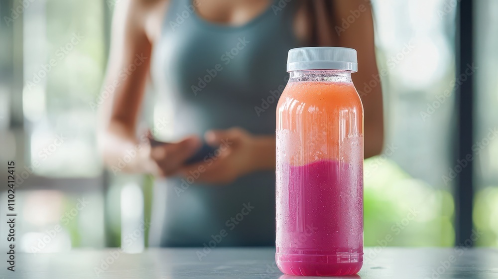 Vibrant Layered Fruit Drink in Transparent Bottle with Fitness Enthusiast in Background, Refreshing Beverage for Health and Wellness, and Active Lifestyle Promotion Vibrant Layered Fruit Drink in Transparent Bottle with Fitness Enthusiast in Background, Refreshing Beverage for Health and Wellness, and Active Lifestyle Promotion