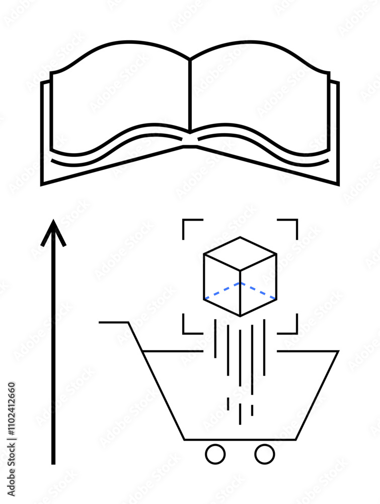 Book shopping cart cube symbolize learning innovation commerce. Arrow indicates progress. Ideal for education, innovation, commerce, growth, transformation, creativity. Line metaphor Book shopping cart cube symbolize learning innovation commerce. Arrow indicates progress. Ideal for education, innovation, commerce, growth, transformation, creativity. Line metaphor