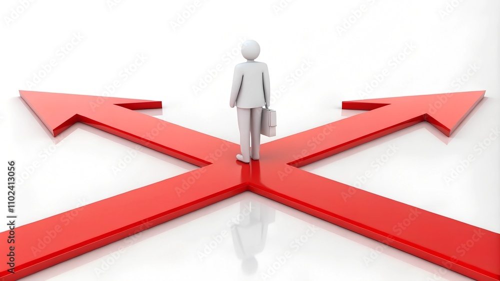 Business decision concept: figure at crossroads with three red arrows Business decision concept: figure at crossroads with three red arrows