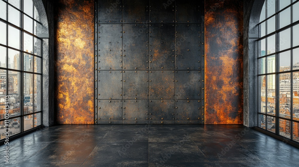 A spacious industrial room with large windows and a textured metallic wall. A spacious industrial room with large windows and a textured metallic wall.