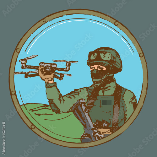 Soldier in full gear controls a quadcopter drone. Round icon, emblem, sketch. Vector illustration