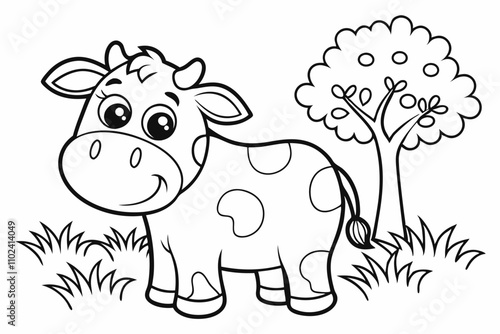 cute COW, some grass and a tree, coloring book