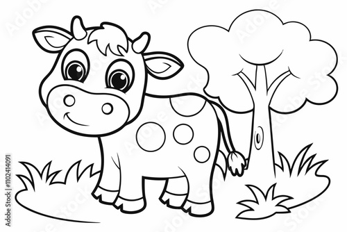 cute COW, some grass and a tree, coloring book