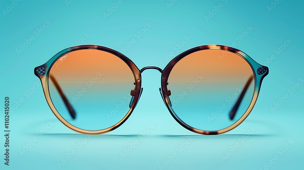 Fototapeta premium A pair of stylish, round sunglasses with a tortoiseshell frame and gradient lenses. The glasses are resting on a bright blue background.