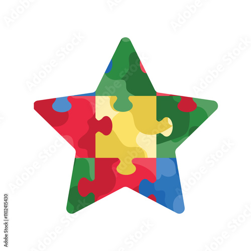 Cute jigsaw puzzle in star shape in blue, yellow, green and red colors square isolated on white background. Hand drawn vector illustration in flat style. Autism spectrum disorder concept, children