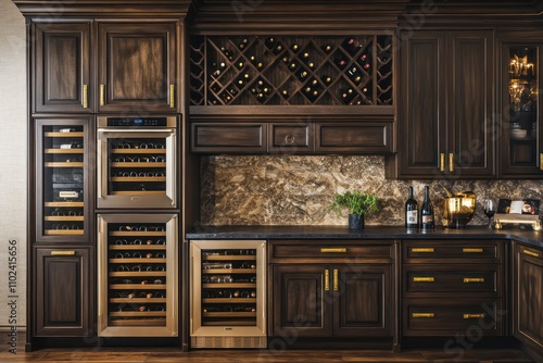 A luxurious kitchen with dark wood cabinetry, gold hardware, and a dramatic stone backsplash. Integrated wine coolers and a double oven make it a haven for gourmet cooking.