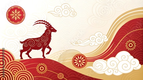 Artistic red goat on ornate red and gold landscape with clouds and swirls
