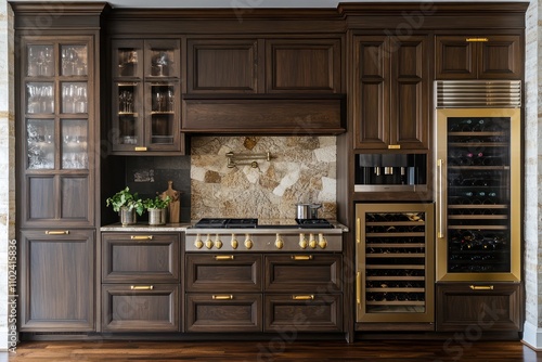 A luxurious kitchen with dark wood cabinetry, gold hardware, and a dramatic stone backsplash. Integrated wine coolers and a double oven make it a haven for gourmet cooking.