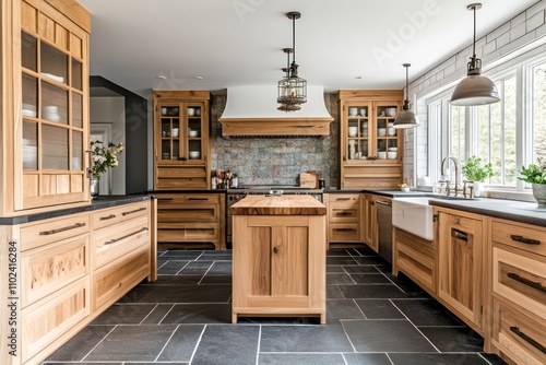 A modern artisan kitchen with custom-made wooden cabinets, slate floor tiles, and a handmade ceramic backsplash. The space includes a large kitchen island for crafts and food preparation.