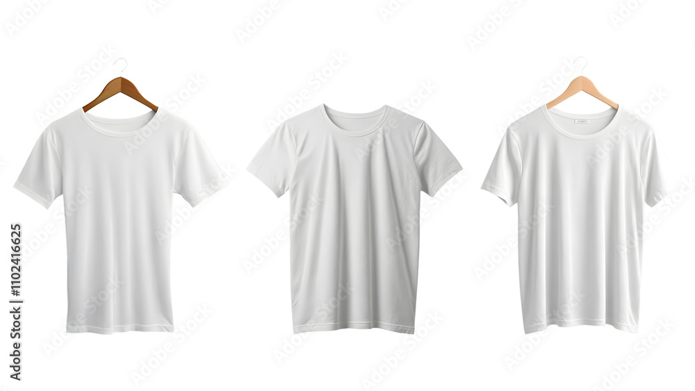 White half sleeves t-shirts on wooden hangers isolated on transparent background White half sleeves t-shirts on wooden hangers isolated on transparent background