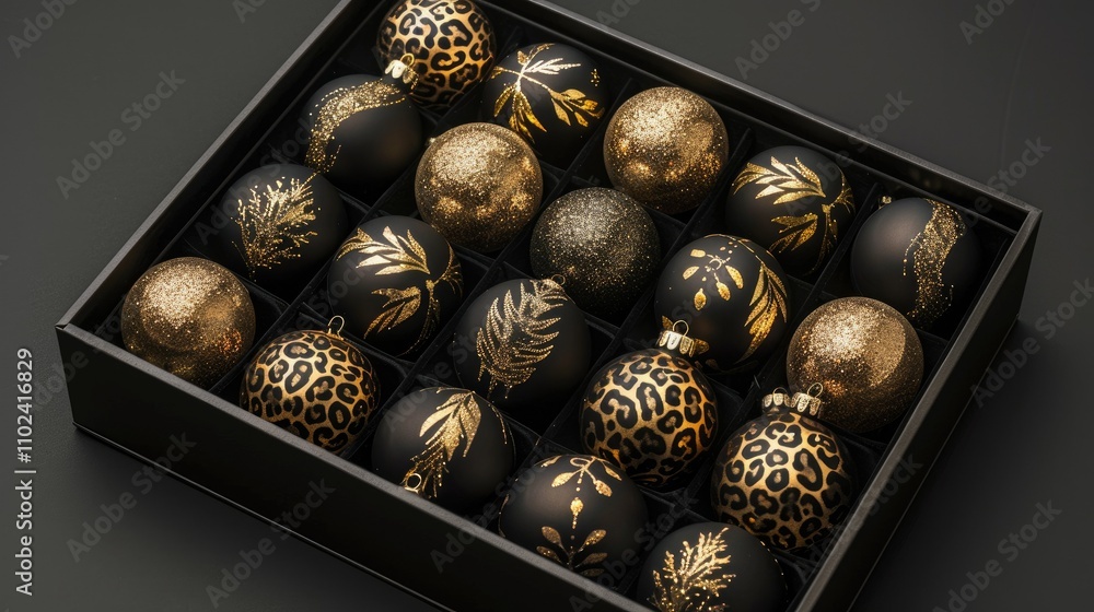 Obraz premium A box of black and leopard print Christmas ornaments