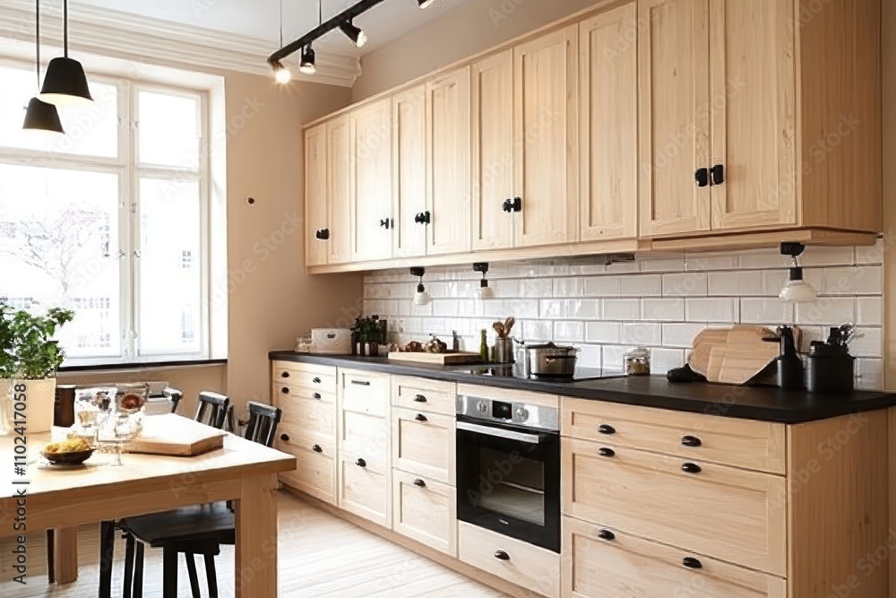 A Scandinavian kitchen with functional design, featuring clean lines, light woods, and muted colors, complemented by simple black fixtures. A Scandinavian kitchen with functional design, featuring clean lines, light woods, and muted colors, complemented by simple black fixtures.