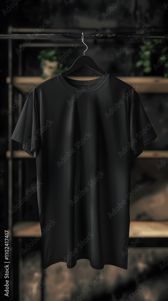 A plain black t-shirt hangs neatly on a hanger in a modern, sunlit interior with soft shadows, featuring wooden shelves and indoor plants that add a natural and cozy atmosphere A plain black t-shirt hangs neatly on a hanger in a modern, sunlit interior with soft shadows, featuring wooden shelves and indoor plants that add a natural and cozy atmosphere