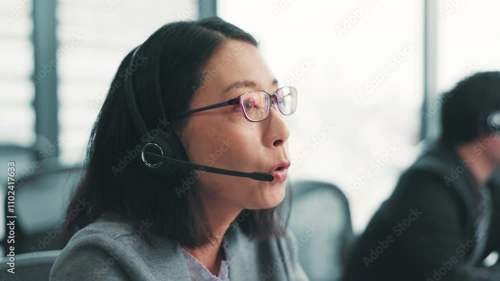 Business woman, telemarketing and consultation with web help, tech and crm support of Japanese staff at desk. Insurance consultant, online and worker with advice, call center and headphones for job Business woman, telemarketing and consultation with web help, tech and crm support of Japanese staff at desk. Insurance consultant, online and worker with advice, call center and headphones for job