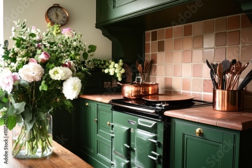 A traditional English kitchen with deep green cabinets, terracotta tiles, and an AGA cooker. Antique copper utensils and a bouquet of fresh flowers complete the charming look.