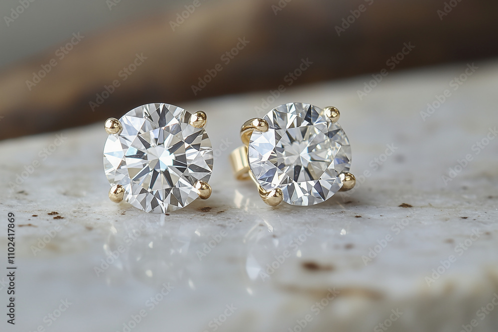 extreme close up of a pair of round diamond stud earrings resting on a flat polished stone background, extreme close up of a pair of round diamond stud earrings resting on a flat polished stone background,