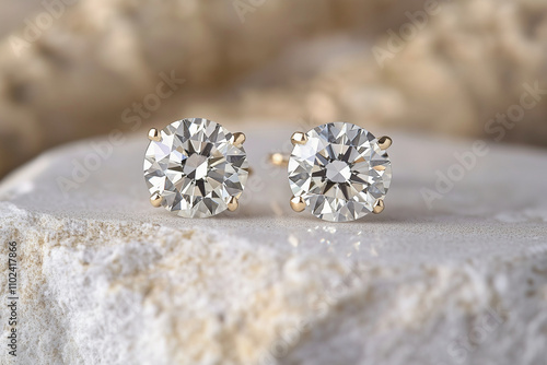 extreme close up of a pair of round diamond stud earrings resting on a flat polished stone background, photo