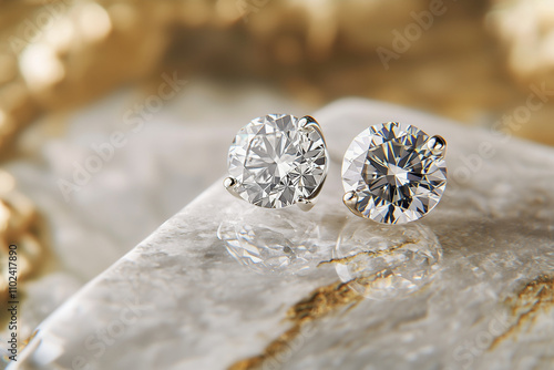 extreme close up of a pair of round diamond stud earrings resting on a flat polished stone background, photo