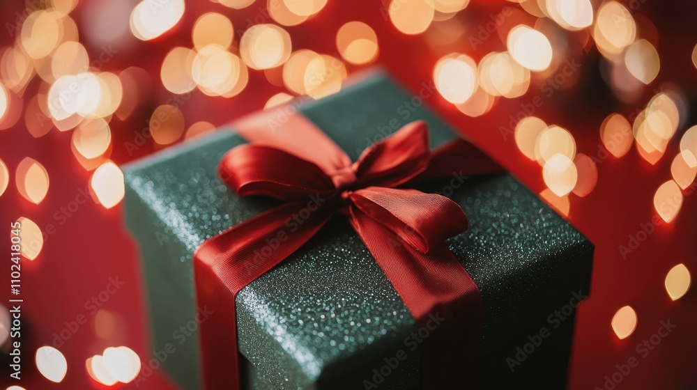 Festive gift box with a red ribbon against a dazzling backdrop. Festive gift box with a red ribbon against a dazzling backdrop.