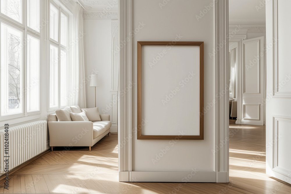 poster mockup with wooden frame leaning against the wall in an elegant interior of modern apartment, poster mockup with wooden frame leaning against the wall in an elegant interior of modern apartment,