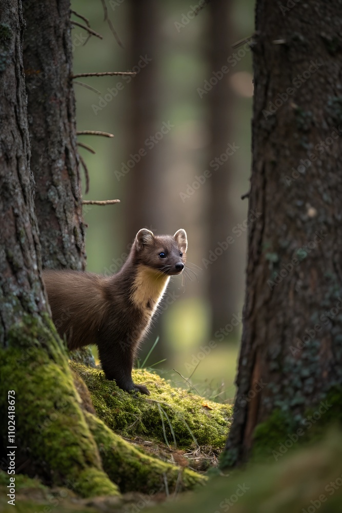 Obraz premium The image captures a solitary pine marten in a tranquil woodland, framed by tree barks and moss-covered ground, with its rich brown fur transitioning to golden hues around its bib and its sharp eyes c